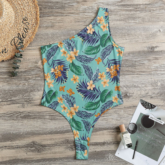 Vintage Hawaiian Aloha Pattern Print One Shoulder Bodysuit
