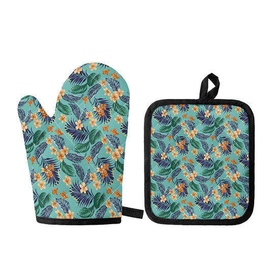 Vintage Hawaiian Aloha Pattern Print Oven Mitt And Pot Holder Set