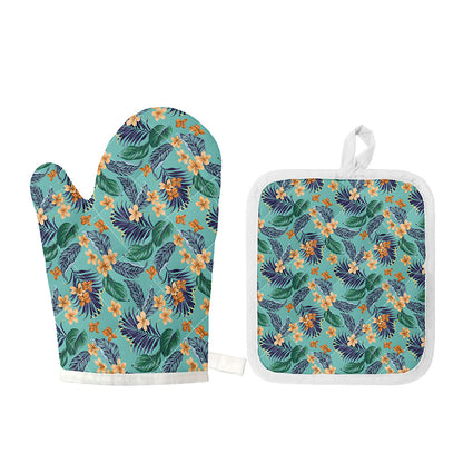 Vintage Hawaiian Aloha Pattern Print Oven Mitt And Pot Holder Set