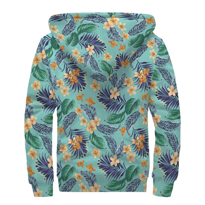 Vintage Hawaiian Aloha Pattern Print Sherpa Lined Zip Up Hoodie