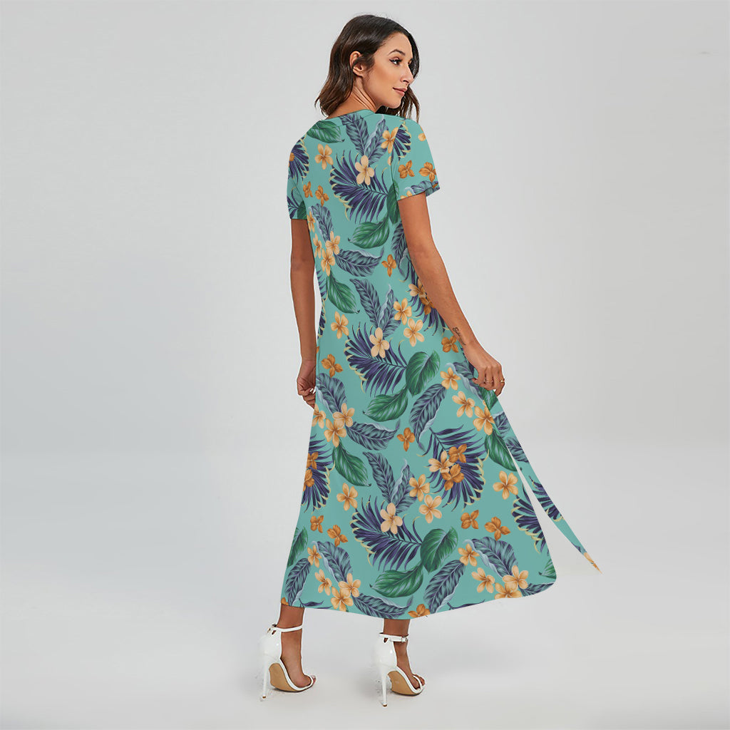 Vintage Hawaiian Aloha Pattern Print Short Sleeve Maxi Dress