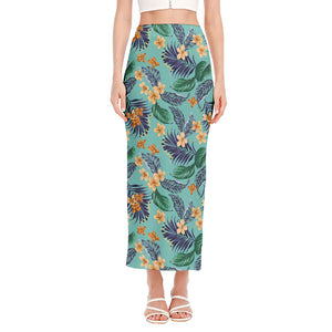 Vintage Hawaiian Aloha Pattern Print Side Slit Maxi Skirt