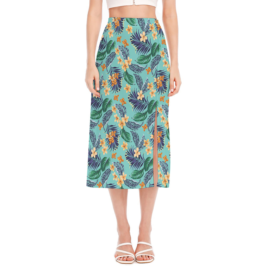 Vintage Hawaiian Aloha Pattern Print Side Slit Midi Skirt