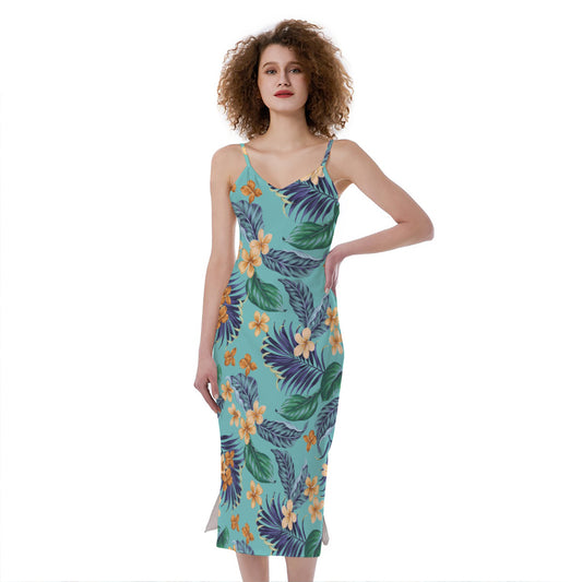 Vintage Hawaiian Aloha Pattern Print Slim Fit Midi Cami Dress