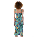 Vintage Hawaiian Aloha Pattern Print Slim Fit Midi Cami Dress