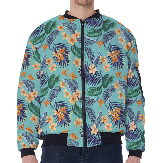 Vintage Hawaiian Aloha Pattern Print Zip Sleeve Bomber Jacket