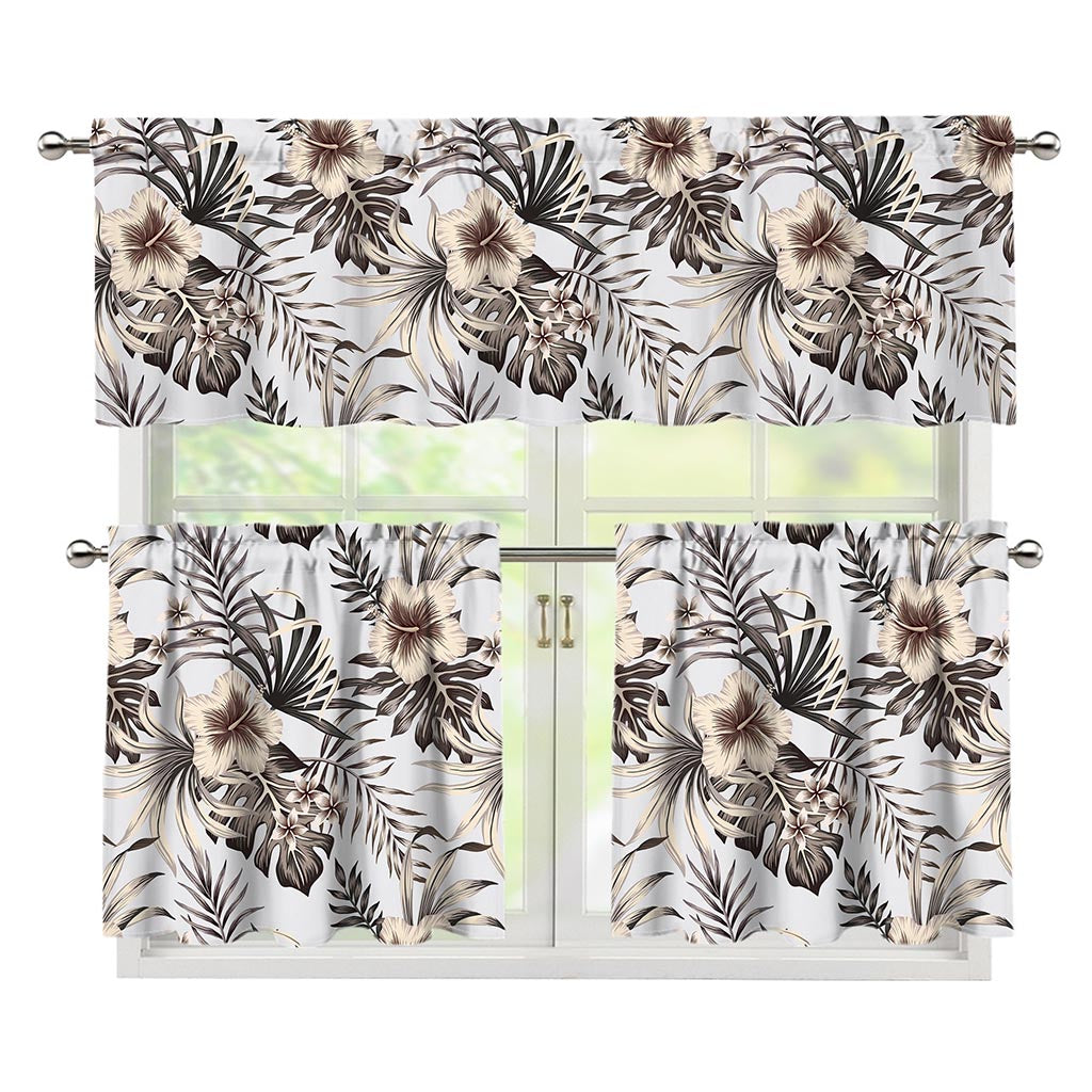 Vintage Hibiscus Plumeria Pattern Print 3 Piece Kitchen Curtains
