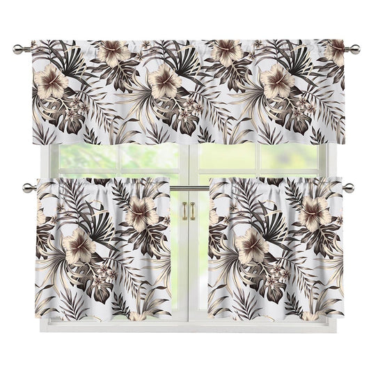 Vintage Hibiscus Plumeria Pattern Print 3 Piece Kitchen Curtains