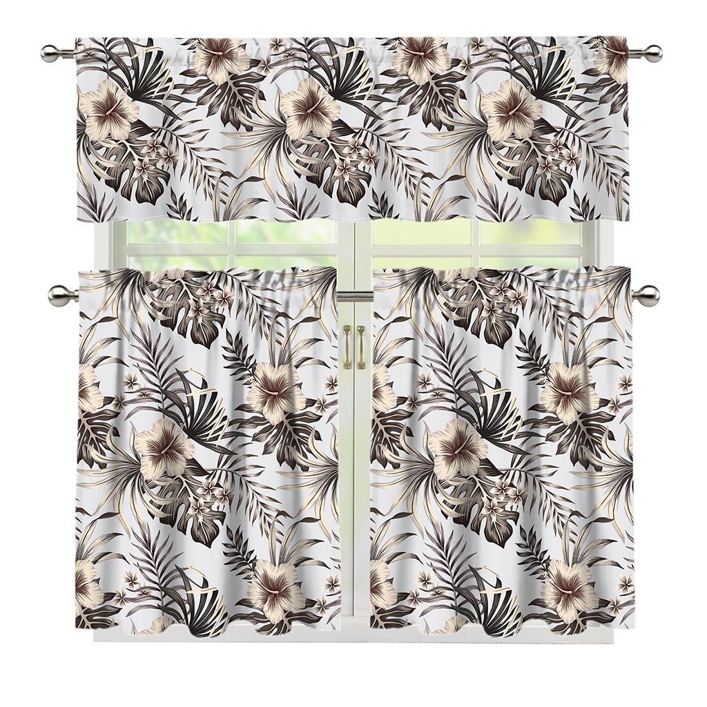 Vintage Hibiscus Plumeria Pattern Print 3 Piece Kitchen Curtains