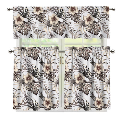 Vintage Hibiscus Plumeria Pattern Print 3 Piece Kitchen Curtains