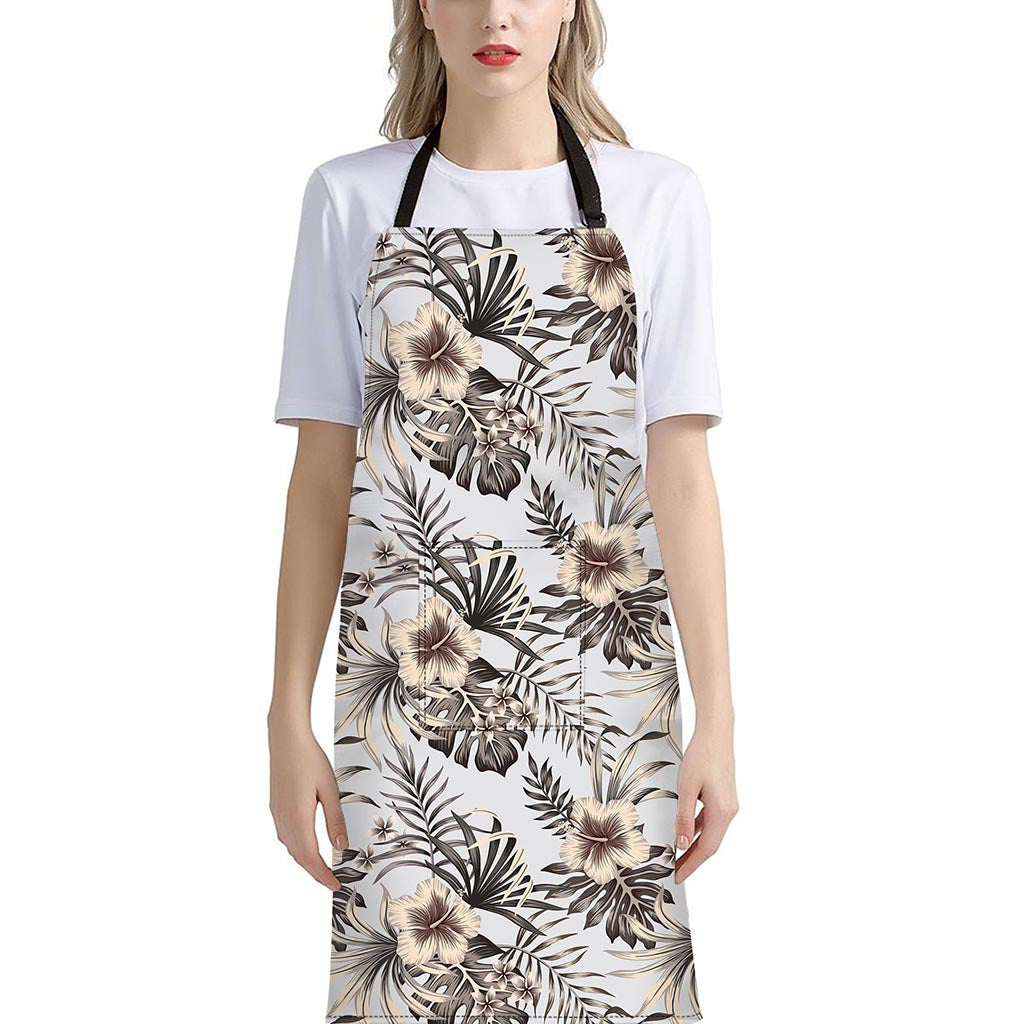 Vintage Hibiscus Plumeria Pattern Print Bib Apron With Pocket