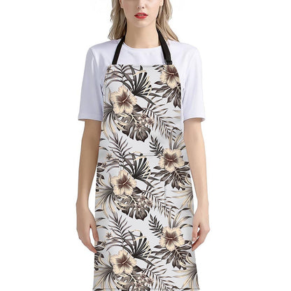 Vintage Hibiscus Plumeria Pattern Print Bib Apron With Pocket
