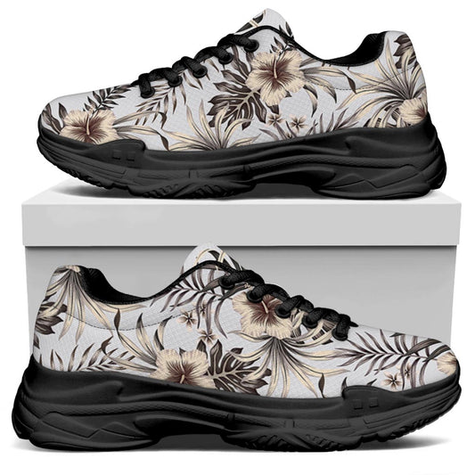 Vintage Hibiscus Plumeria Pattern Print Black Chunky Shoes