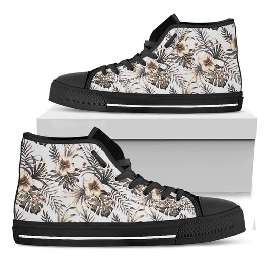 Vintage Hibiscus Plumeria Pattern Print Black High Top Sneakers