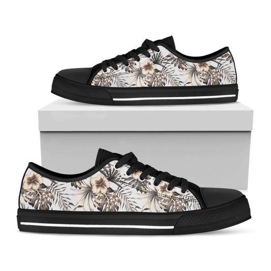 Vintage Hibiscus Plumeria Pattern Print Black Low Top Sneakers