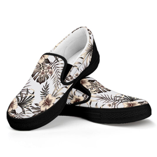 Vintage Hibiscus Plumeria Pattern Print Black Slip On Sneakers