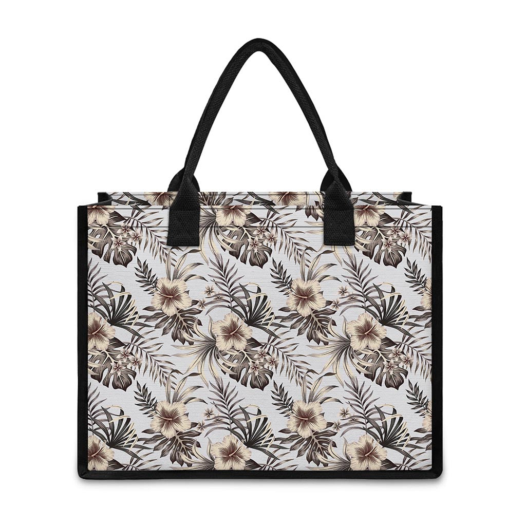 Vintage Hibiscus Plumeria Pattern Print Canvas Tote Bag