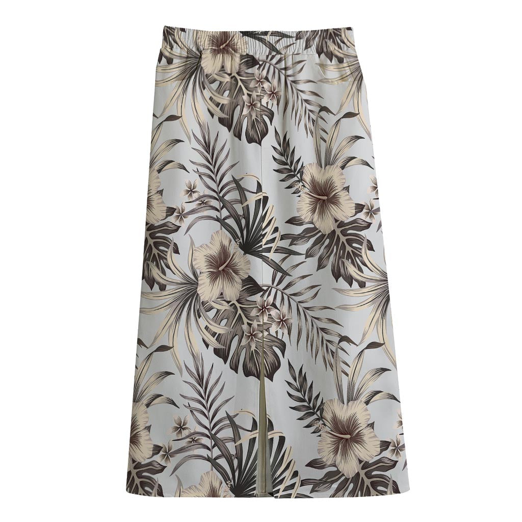 Vintage Hibiscus Plumeria Pattern Print Cotton Front Slit Maxi Skirt
