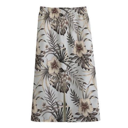 Vintage Hibiscus Plumeria Pattern Print Cotton Front Slit Maxi Skirt