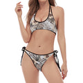 Vintage Hibiscus Plumeria Pattern Print Halter Scoop Tie Side Bikini