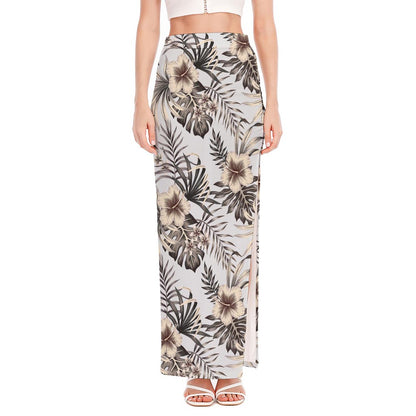 Vintage Hibiscus Plumeria Pattern Print High Slit Maxi Skirt