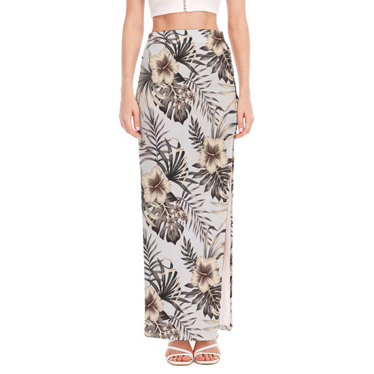 Vintage Hibiscus Plumeria Pattern Print High Slit Maxi Skirt