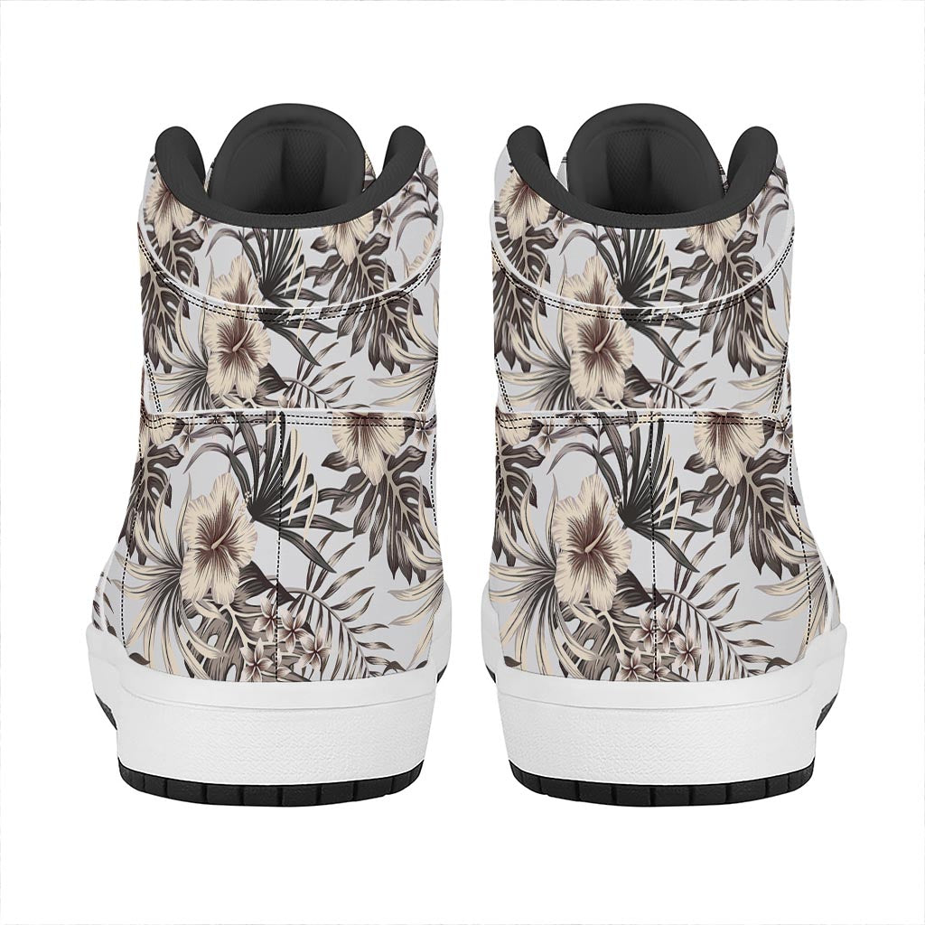 Vintage Hibiscus Plumeria Pattern Print High Top Leather Sneakers