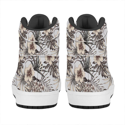 Vintage Hibiscus Plumeria Pattern Print High Top Leather Sneakers