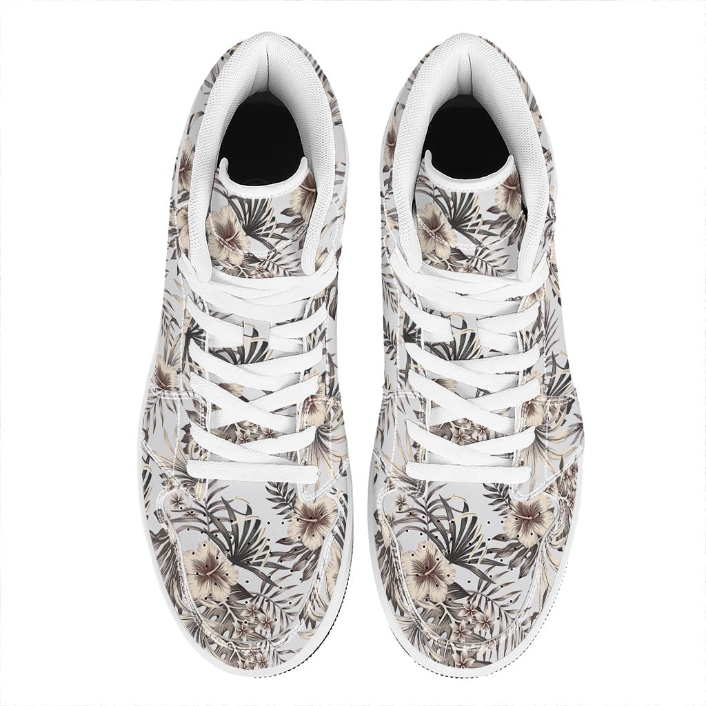 Vintage Hibiscus Plumeria Pattern Print High Top Leather Sneakers