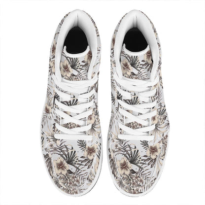 Vintage Hibiscus Plumeria Pattern Print High Top Leather Sneakers