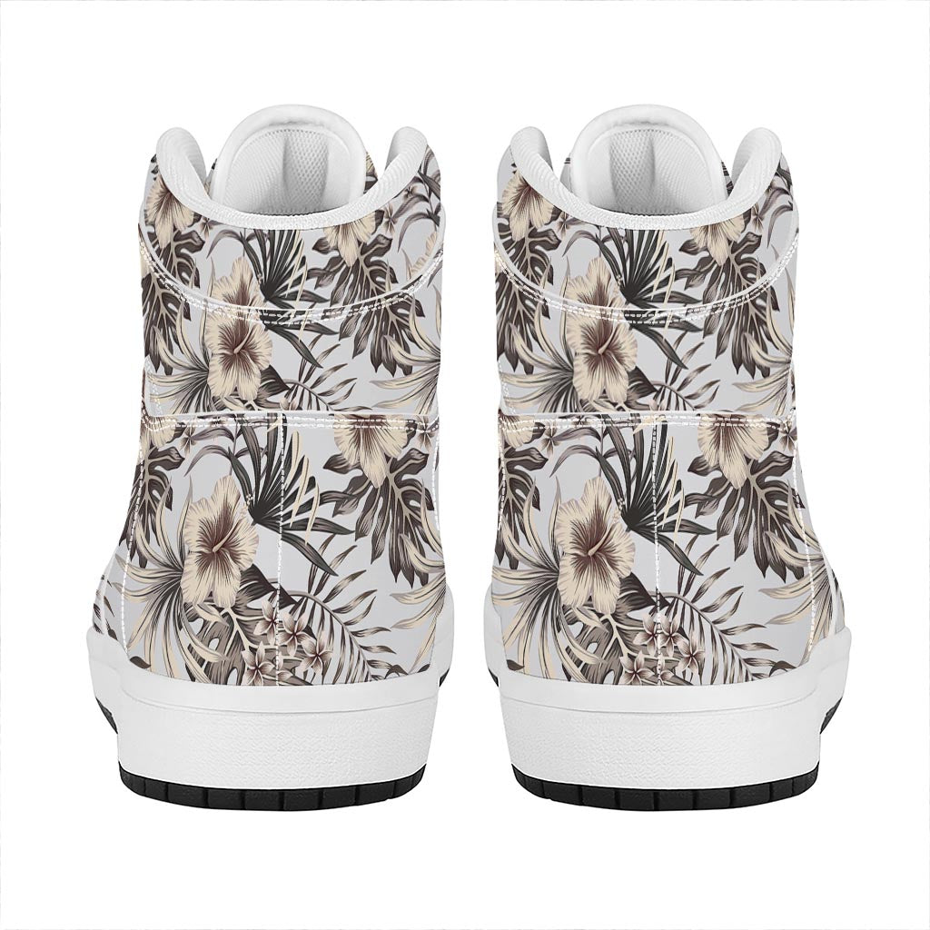 Vintage Hibiscus Plumeria Pattern Print High Top Leather Sneakers