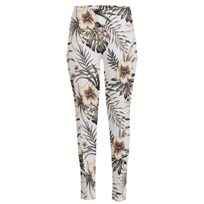 Vintage Hibiscus Plumeria Pattern Print High-Waisted Pocket Leggings