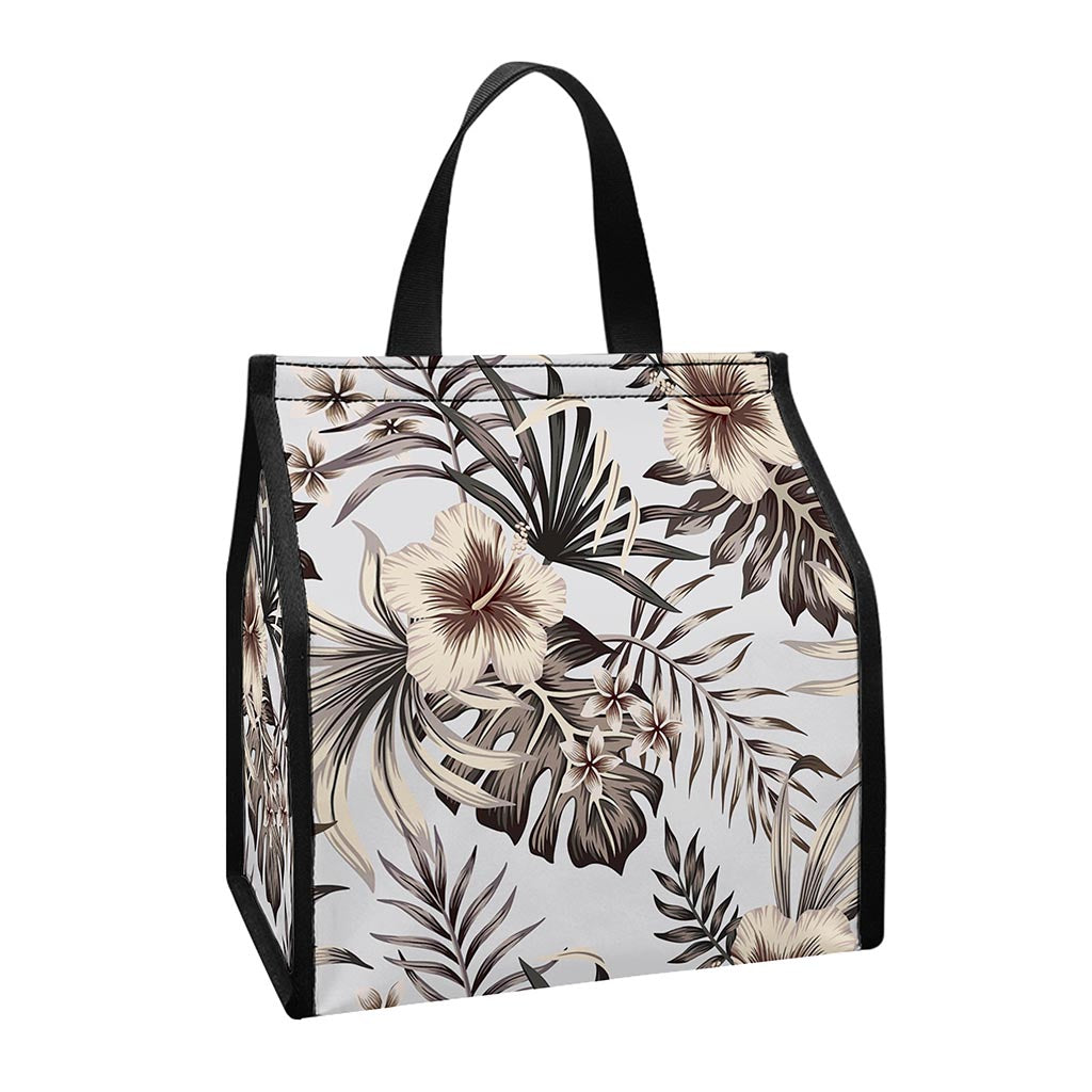 Vintage Hibiscus Plumeria Pattern Print Insulated Lunch Tote