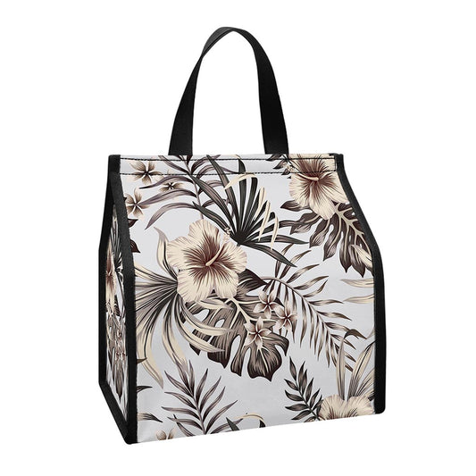 Vintage Hibiscus Plumeria Pattern Print Insulated Lunch Tote