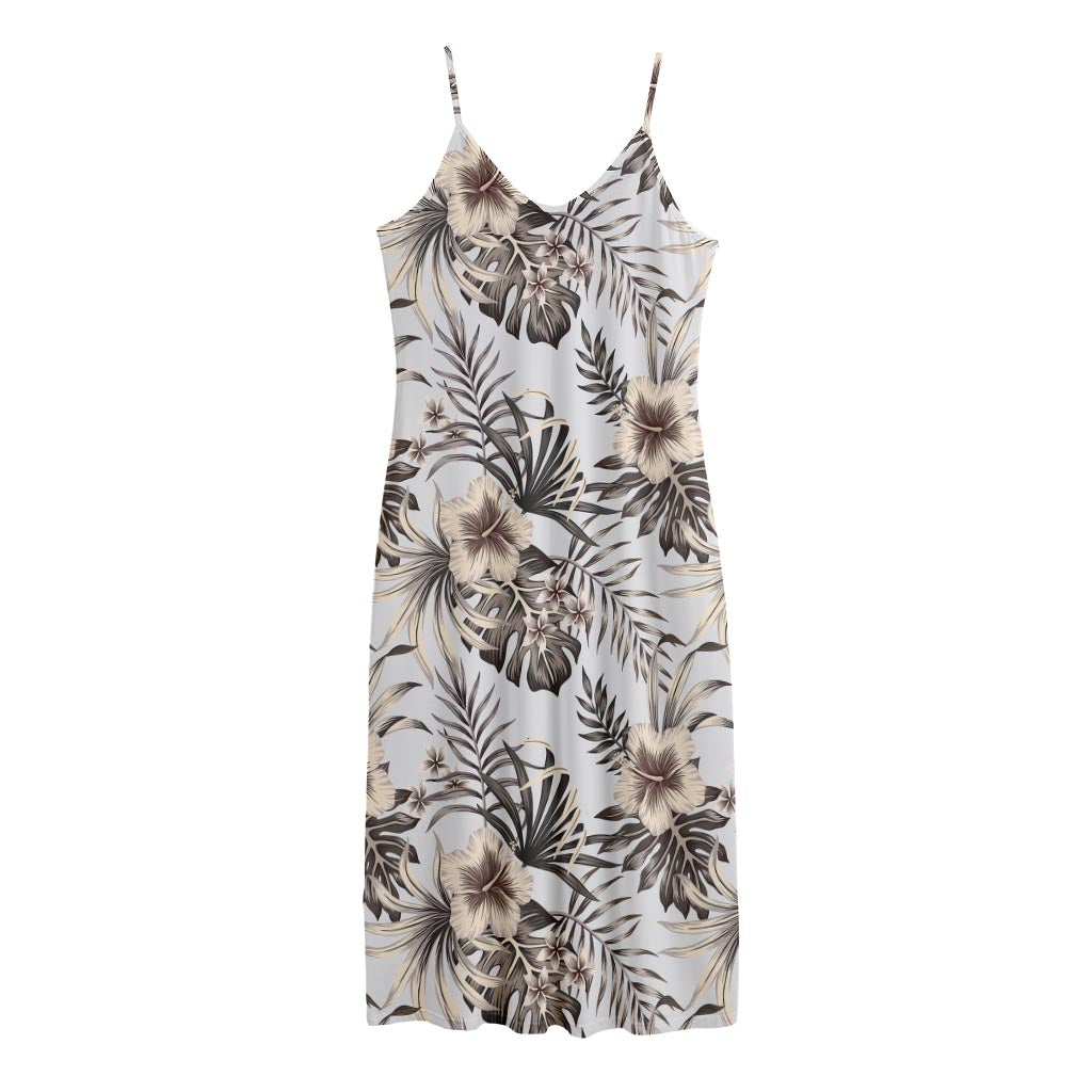 Vintage Hibiscus Plumeria Pattern Print Jersey Midi Cami Dress