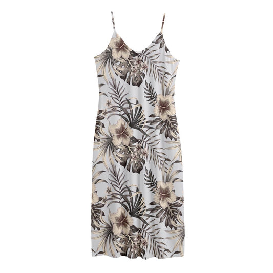 Vintage Hibiscus Plumeria Pattern Print Jersey Midi Cami Dress