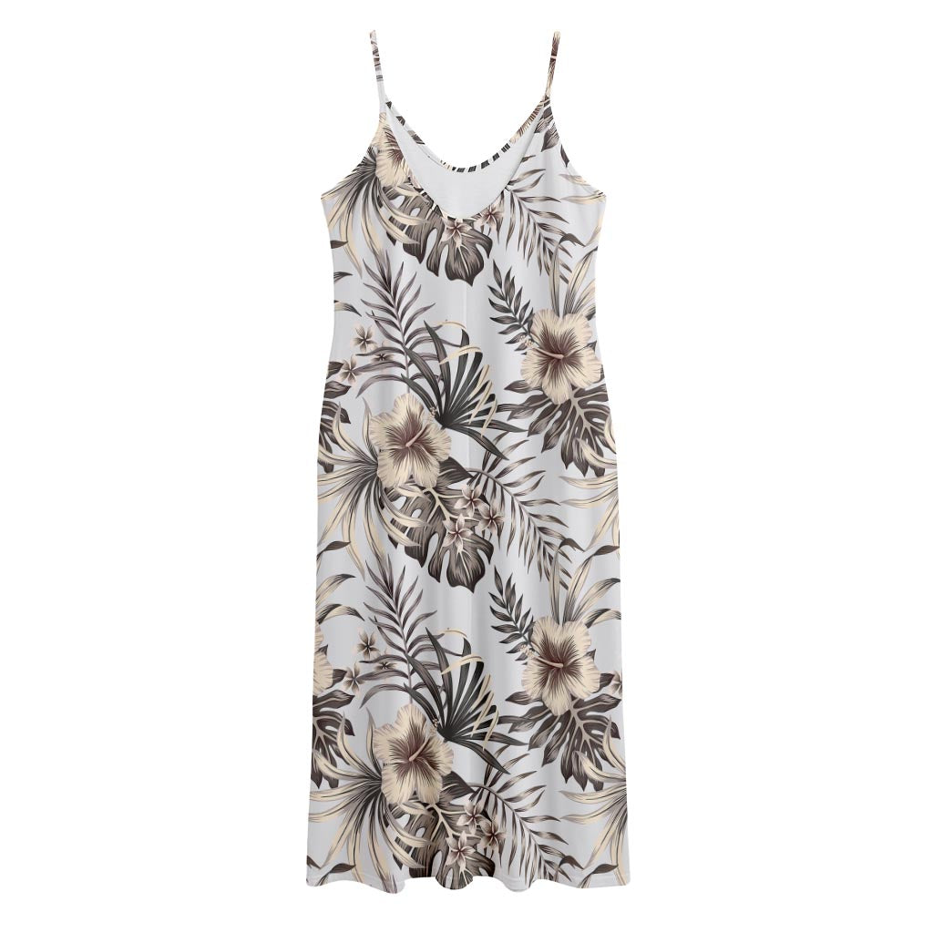 Vintage Hibiscus Plumeria Pattern Print Jersey Midi Cami Dress