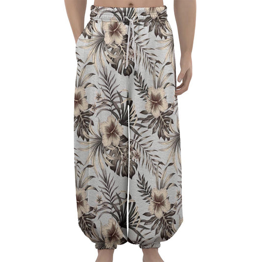 Vintage Hibiscus Plumeria Pattern Print Lantern Pants