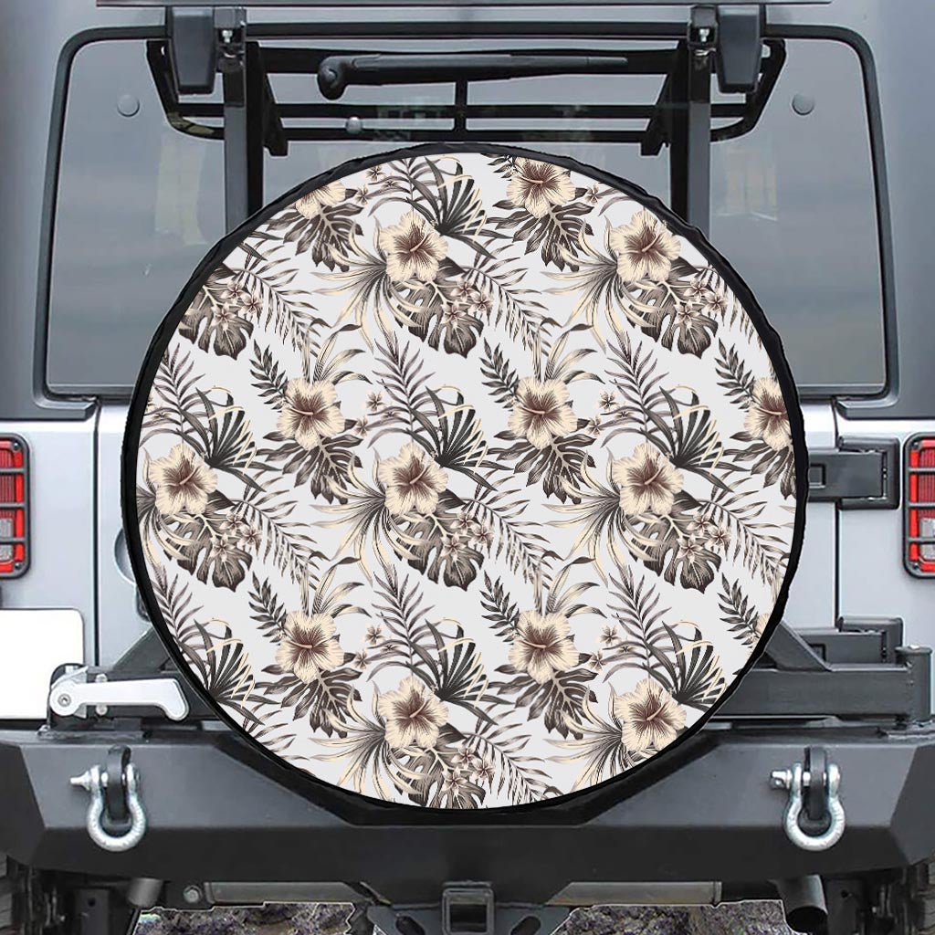 Vintage Hibiscus Plumeria Pattern Print Leather Spare Tire Cover