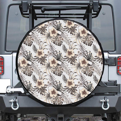 Vintage Hibiscus Plumeria Pattern Print Leather Spare Tire Cover