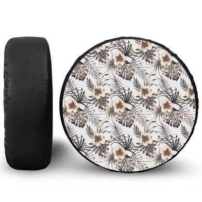 Vintage Hibiscus Plumeria Pattern Print Leather Spare Tire Cover