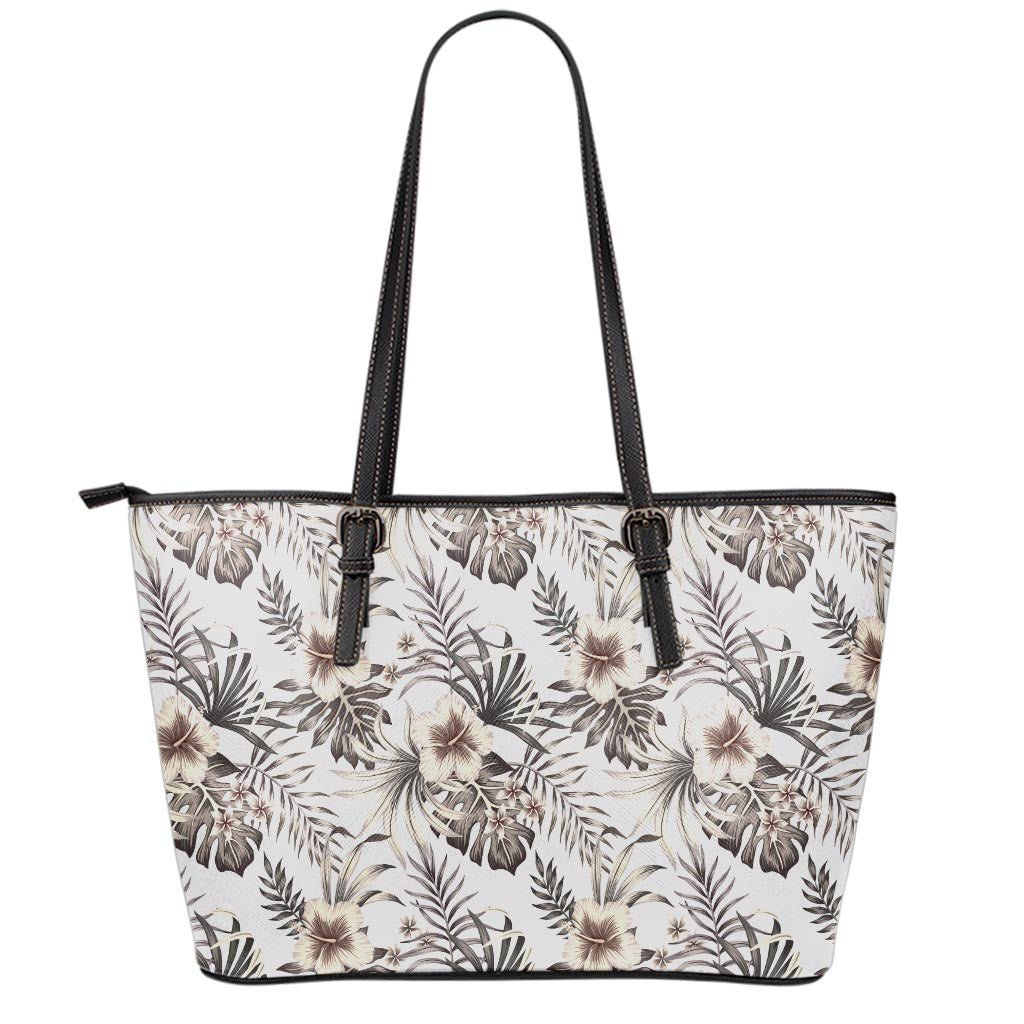 Vintage Hibiscus Plumeria Pattern Print Leather Tote Bag