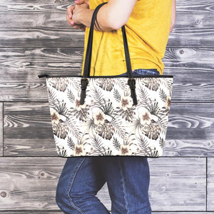 Vintage Hibiscus Plumeria Pattern Print Leather Tote Bag