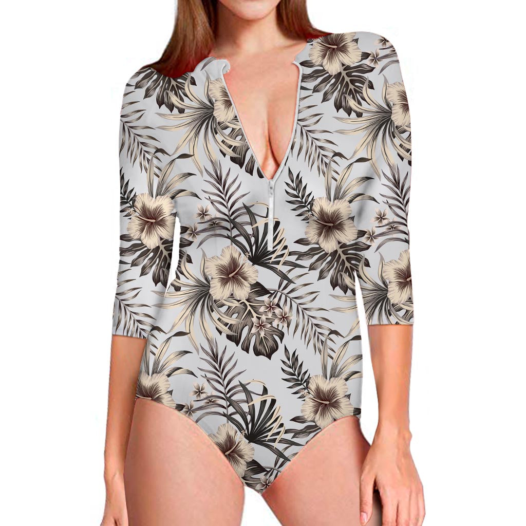 Vintage Hibiscus Plumeria Pattern Print Long Sleeve Swimsuit