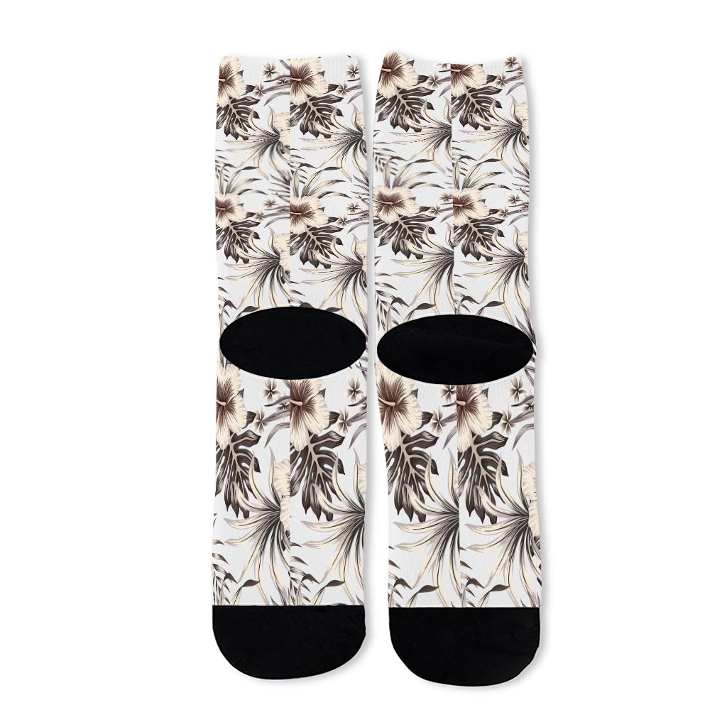 Vintage Hibiscus Plumeria Pattern Print Long Socks