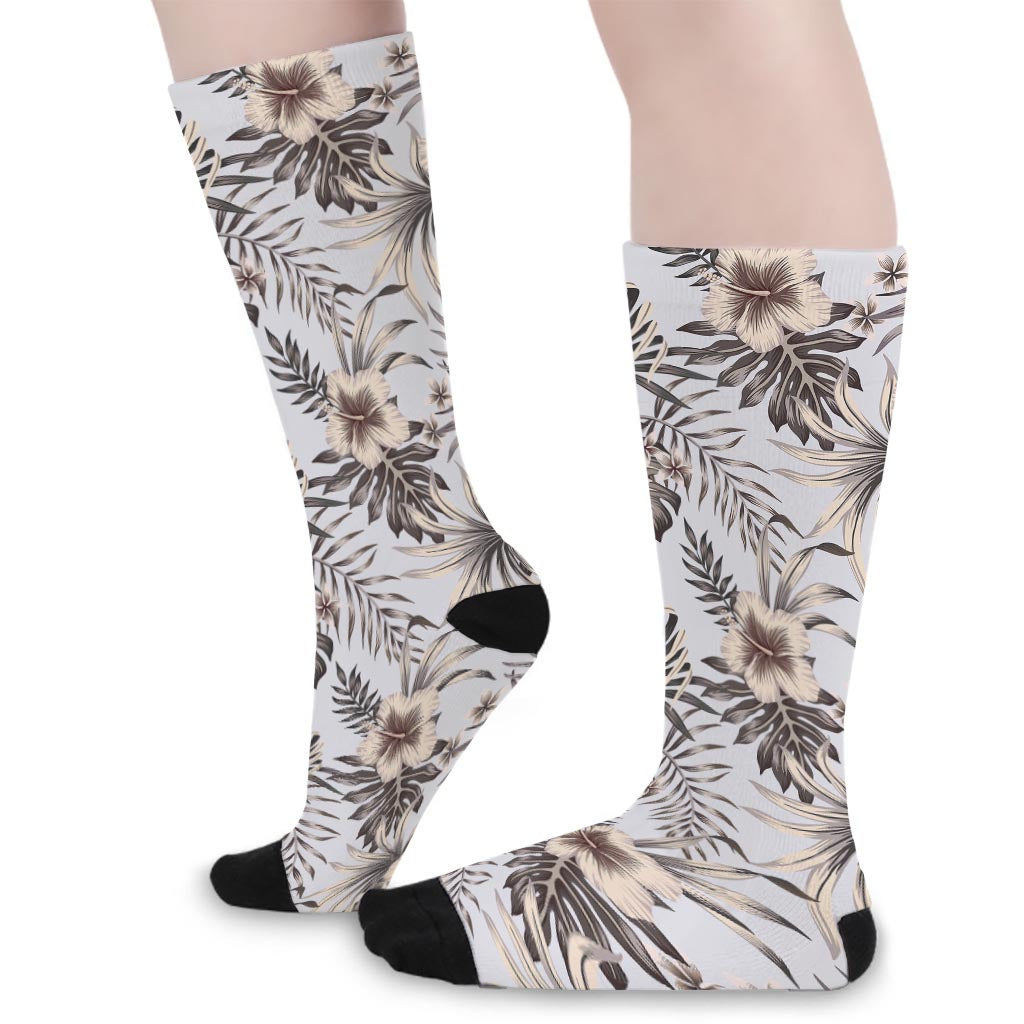 Vintage Hibiscus Plumeria Pattern Print Long Socks