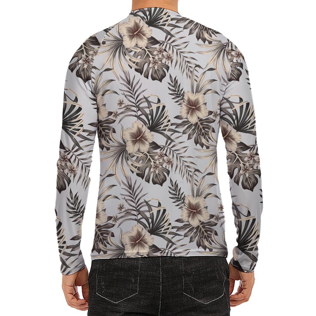 Vintage Hibiscus Plumeria Pattern Print Men's Long Sleeve Rash Guard