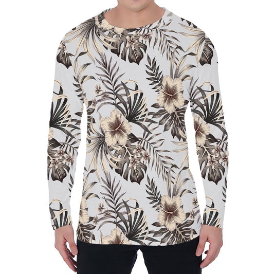 Vintage Hibiscus Plumeria Pattern Print Men's Long Sleeve T-Shirt