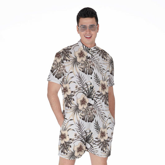 Vintage Hibiscus Plumeria Pattern Print Men's Rompers