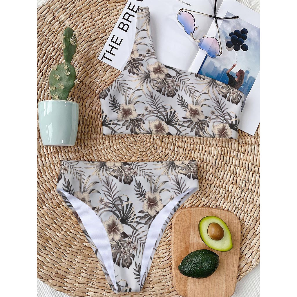 Vintage Hibiscus Plumeria Pattern Print One Shoulder Bikini Top